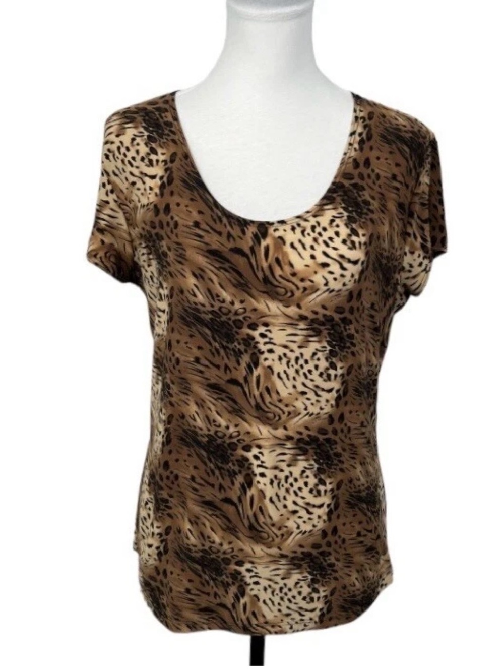 Susan Lawrence Blouse Size XL Animal Print Black & Brown Short Sleeves Pullover